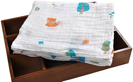 iSbaby 100% Organic Cotton Best Baby Muslin Swaddle Baby Blankets White Blue Pink Flower Jungle Fox Print 2 Layer Gauze 47"x 47" (1 Pack)