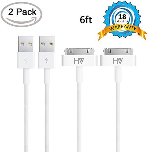 iPhones cable HV® 2 Packs x 6 ft, 30 Pin Sync and Charge Dock Cable for iphone 4 /4S , ipad 1/ 2/ 3 , ipod Nano and iPod Touch – white color (18 Months Warranty)