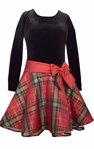 Bonnie Jean Santa Velvet Christmas Dress Red Plaid Long Sleeve (10, Multi)