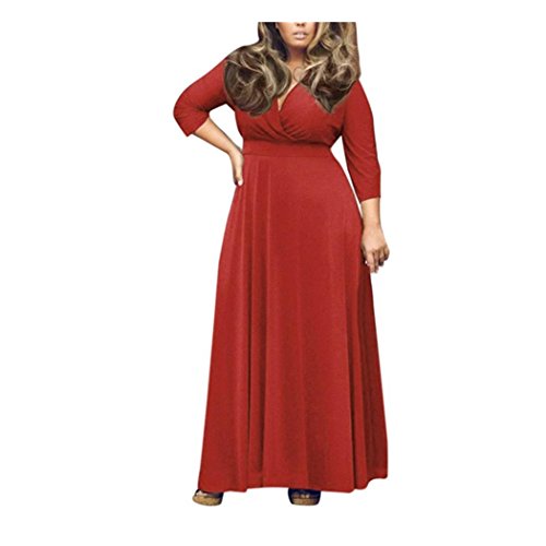 Anxinke Women Casual Solid Long Sleeve V Neck Maxi Wrap Dress Plus Size (Red, 3XL)