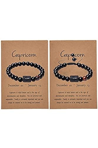 Frodete 2Pcs Zodiac Bracelet for Men Women,8mm Natural Black Onyx