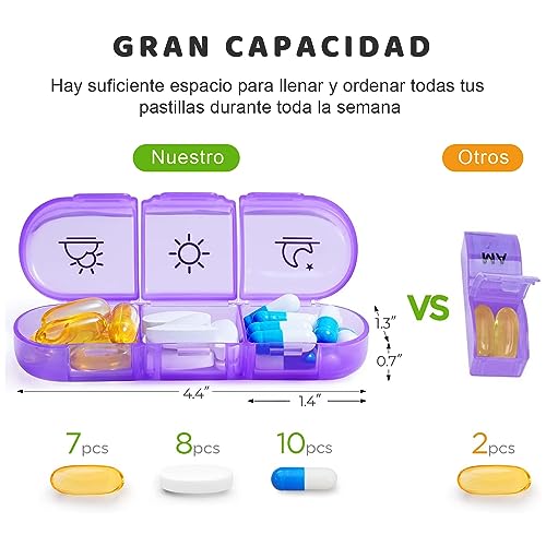 MXCOCO Organizador de Pastilla Español, Pastillero con Capacidad Grande para 7 Días y Porciones para Mañana Mediodía y Noche, Pastillero Semanal con 21 Rejillas y Caja Organizada Portátil para Viaje