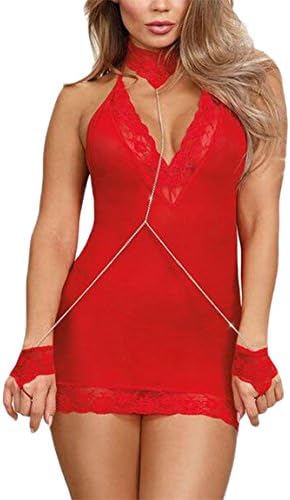 Inovate Women Sexy Lingerie V Neck Nightwear Satin Sleepwear Lace Dress Red XS