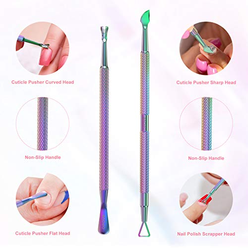 Made from high-quality stainless steel, the tools are durable, easy to clean, and non-corrosive. The cuticle pusher has a double-ended design with a sharp and curved end that can gently nudge the cuticles away from the nail bed, while the other end can help clean up the under-nail area.
