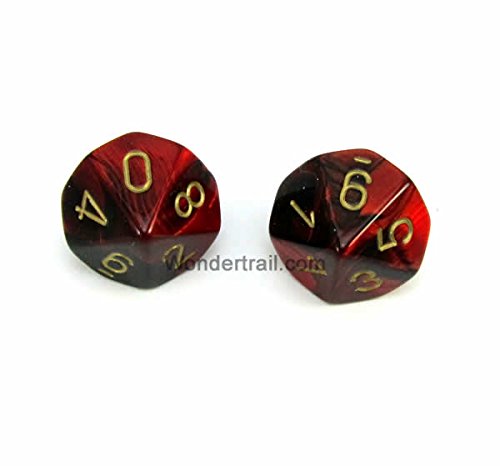 WCXPG1033E2 Black and Red Gemini Dice with Gold Numbers D10 Aprox 16mm (5/8in) Pack of 2 Dice Chessex