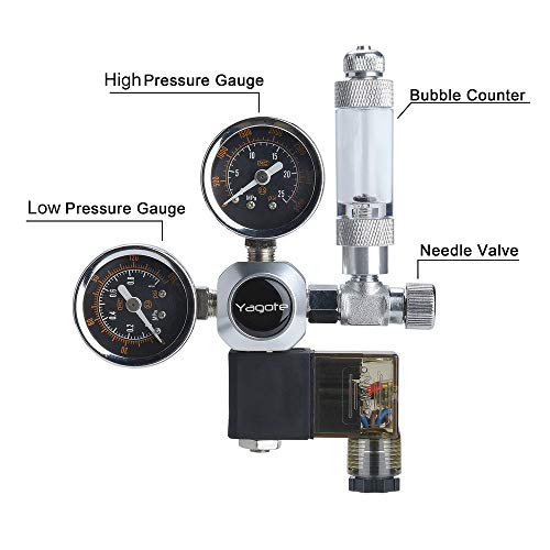 Yagote C02 Regulator Controller Carbon Dioxide Gauge Meter CO2 Pressure Reducer for Planted Aquarium Tank (Dual Gauge with Solenoid Valve)
