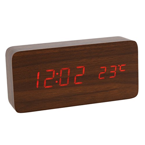 KABB Digital Clock, Wooden Alarm Clock, LED Desk Shelf Clock with Triple Alarms Calender Temperature Display and Voice Control Travel Clock for Office Home Decor (6 Inches)
