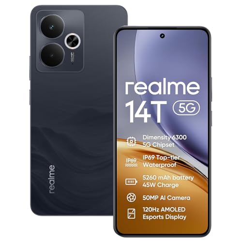 realme 14T 5G Smartphone Mobile Phone 8+256GB, Chipset Dimensity 6300 5G, Ai 50MP Camera, Super AMOLED Display 6.67 '' 120Hz, Solid Battery 5260 mAh, Dual Sim, NFC,Black