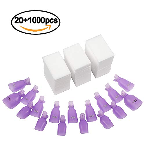 INFILILA Nail Polish Remover Clips Set 20+1000PCS Nail Clips Caps - 20PCS Nail Soak Off Clips For Finger And Toe,1000PCS Lintfree Nail Remover Wipes Wraps For UV Gel Acrylic Nail Polish Removal