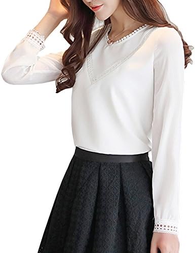 Women's Hollow Out Design with Lace Crochet Elegant Long Sleeve Trim Blouse