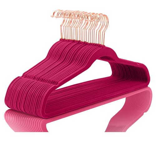 MIZGI Premium Velvet Hangers (60 Pack) - Non Slip Felt, Magenta Red With Rose Gold Hooks - Space Saving, Heavy Duty for Suits, Coats