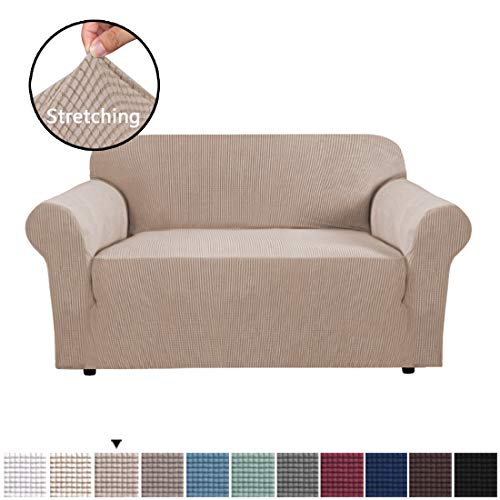 H.VERSAILTEX 1 Piece Sofa Cover for Loveseat Machine Washable Jacquard Spandex Sofa Slipcover Furniture Cover/Protector for 2 Cushion Couch, Soft Stretch Skid Resistance Couch Cover, Sand
