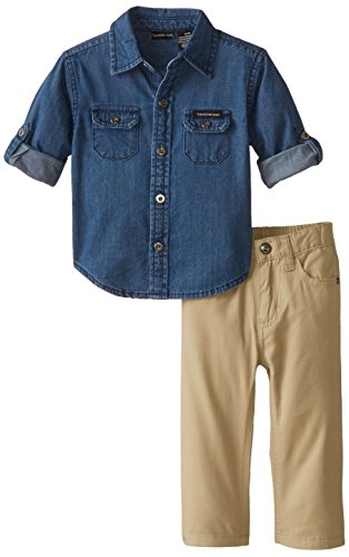 Calvin Klein Baby Boys' Black Plaid Roll Up Sleeve Shirt with Jeans