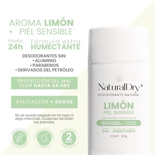 NaturalDry - Piel Sensible para toda la familia- Desodorante natural SIN Bicarbonato de Sodio - Para hombre y mujer - No obstruye los poros - Sin Aluminio - Sin Parabenos - Elimina el mal olor - Limón - Deodorant en barra (1 unidad)