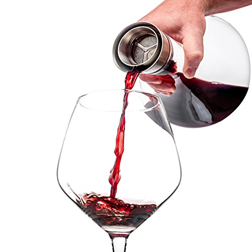 Luxbe - Wine Decanter 50-ounce with Aerator Pourer Lid - 2 in 1-100% Hand Blown Lead-free Crystal Glass, Red Wine Carafe - Descanter with Stainless Steel Lid-Aerator, Filter, Pourer