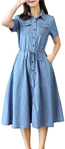 Pinkyee Distressed Rivet Denim Long Shirt Dress Leather Belt Light Blue