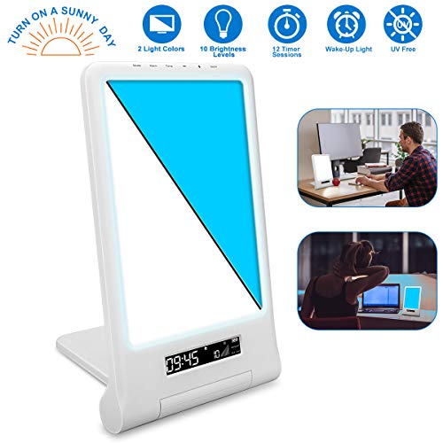 LED Sunlight Therapy Lamp Rechargeable, TANAAB 10000 Lux Full Spectrum Sunlight Lamp 10000mAh Battery Built-in,Wake-up Light Alarm Clock White-Blue 2 Light Colors 10 Brightness 12 Timer UV Free