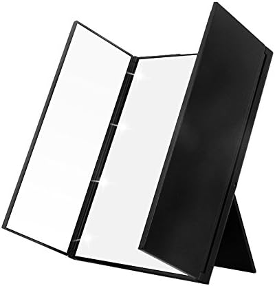 Tri-Fold LED Lights Makeup Mirror, Yuepin Compact Led Light Vanity Mirrors Folding Illuminating Pocket Travel Mirror with 8 Led Lights Battery Included (Black)