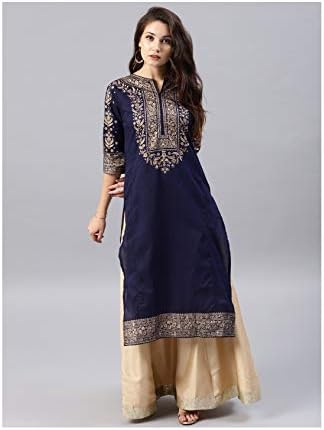 Hiral Designer Mall 3/4 Sleeves Navy Printed A-Line Kurta for women Kurtis Indian party ware Tunic Top for Women