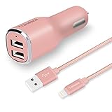 Rose Gold car Charger kit- Tranesca Compatible 4.8A/24W Dual Rapid USB Ports Car Charger with 6FT Nylon Braided MFI (Apple Certified) Lightning Cable