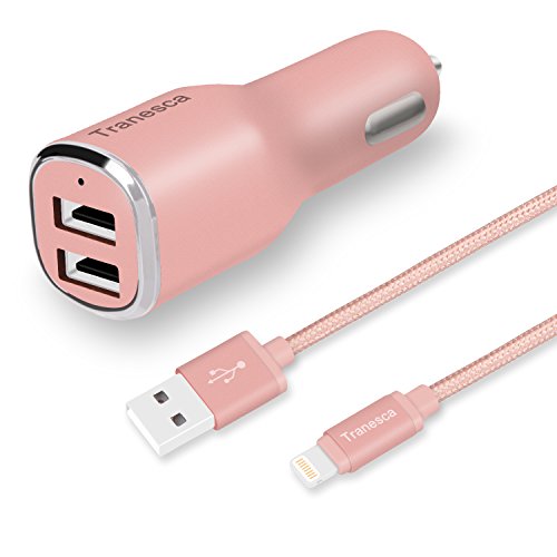 Rose Gold car Charger kit- Tranesca Compatible 4.8A/24W Dual Rapid USB Ports Car Charger with 6FT Nylon Braided MFI (Apple Certified) Lightning Cable