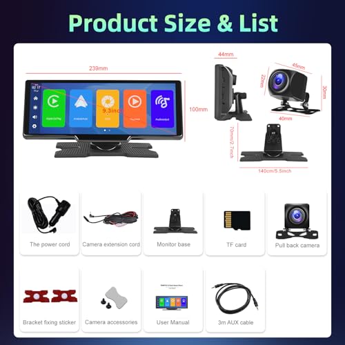 Écran Portable sans Fil 10.26" CarPlay Voiture avec 2,5K Dashcam & 1080P Caméra de Recul, Ecran Carplay MirrorLink, Navigation GPS, Siri G00gle Assistant Vocal, Bluetooth, FM, Aux, 64G TF Carte