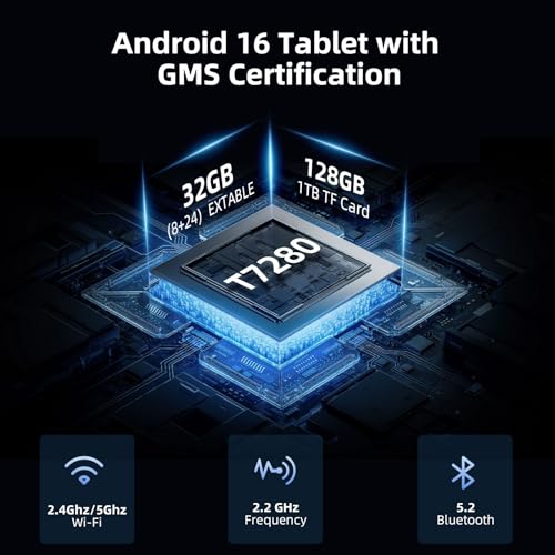 HUIHUANG Tablet 10 Inch Android 16 Tablet, 32GB RAM 128GB ROM, 1TB Expansion, T7280 Octa-Core, Tough Tablet Large Capacity Battery, Dual Camera, 5G/2.4G WiFi, Bluetooth 5.2, GPS - Black (Black)