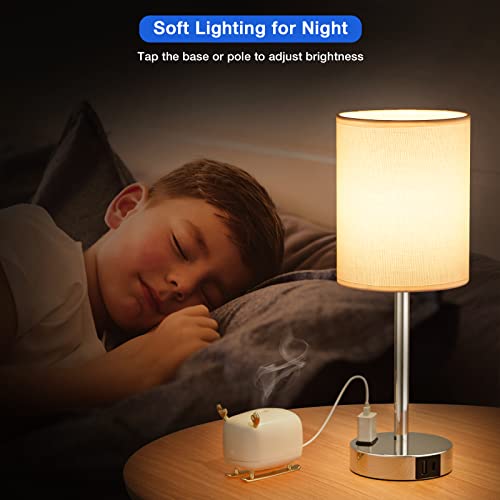 Juego de 2 lámparas táctiles de mesita de noche pequeña, 3 vías, regulables, puertos USB C, A y tomacorrientes, modernas para habitación de niños, con pantalla de lino y base plateada, color blanco
