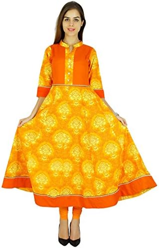 Amoghah Women Cotton Orange Anarkali Kurti Indian Flaired Blouse Kurta Gift