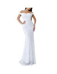 Plumlulu - Vestido largo de noche con lentejuelas y hombros descubiertos para mujer