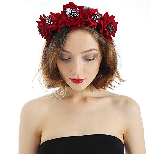 Gothic Red Rose Crown Halloween Tiara Headband Bridal Flower Hair Wreath Garland Wedding Headpiece Floral Head Accessories Headdress for Women Girls Party Bride Photography Props