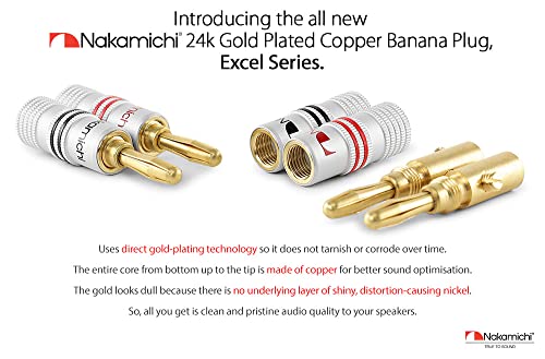 Nakamichi Excel Series 24k Gold Plated Banana Plug 12 AWG - 18 AWG Gauge Size 4mm for Speakers Amplifier Hi-Fi AV Receiver Stereo Home Theatre Radio Audio Wire Cable Screw Connector 8 Pcs (4-Pairs)