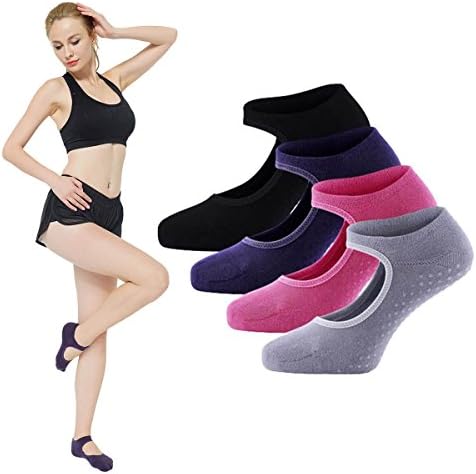 LIBRUONE Yoga Barre Socks Non Slip Skid for Barre Pilates Ballet 4 Pairs Cotton Socks One Size 5 10 …