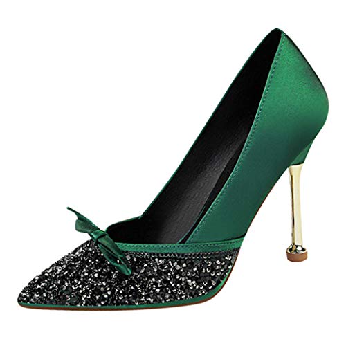 Aunimeifly Ladies Stilettos Women's Pointed Wedding High Heel Shoes Lady Stylish Sequins Bow Silk Satin Pumps Green