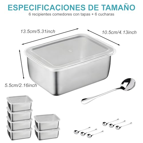 6 recipientes de acero inoxidable para conservar alimentos con tapa hermética, 450 ml, ideales para preparar comidas y guardar salsas; aptos para el refrigerador y el microondas(incluye 6 cucharas)