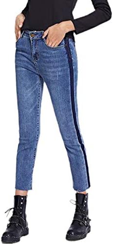FEESON Women's Casual Stretch Skinny Tapered Striped Panel Jeans Blue