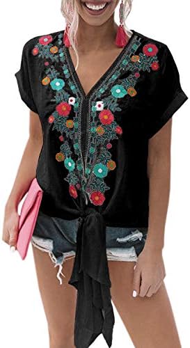 CICIDES Womens Shirts and Blouses Loose Boho Summer Casual Short Sleeve V Neck Flower Floral Print Flare Tops Blouses T Shirts Black US4-6 Small
