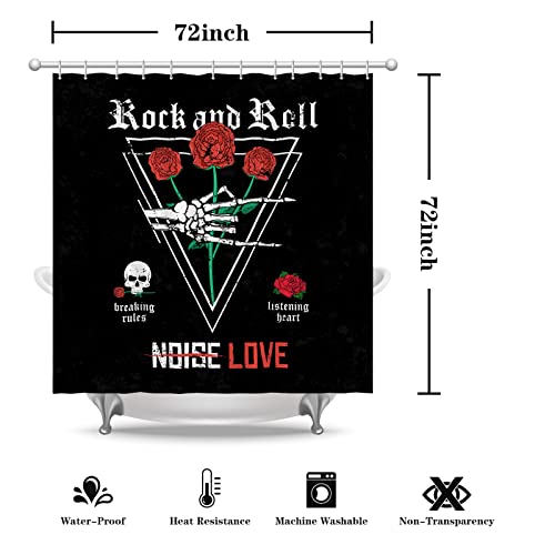 Mokonate Rock and Roll Skull Love Music Shower Curtain Funny Gothic Skull and Rose Black Backdrop Bathroom Decor Set Waterproof Fabric Polyester Bath Accessories with 12 Hooks 72\'\'×72\'\'