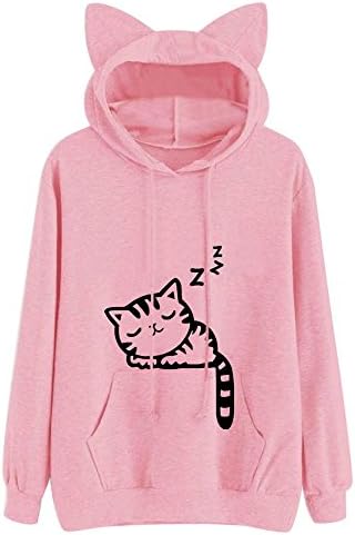 Cats Hoody Linqi1164 Women Long Sleeve Lovely Animals Print Pockets Shirts with Kangaroo Pockets Sweatshirt Hoodie Jumper Tops Blouse for Teens Girls