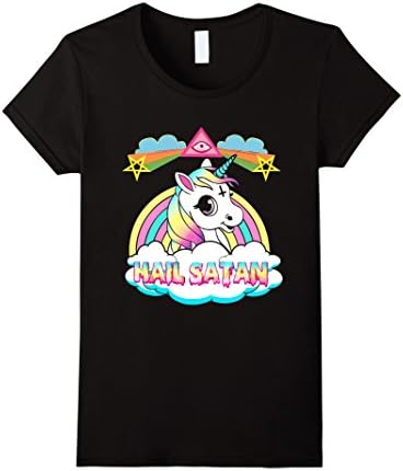 Womens Unicorn hail satan death metal rainbown tshirt Medium Black