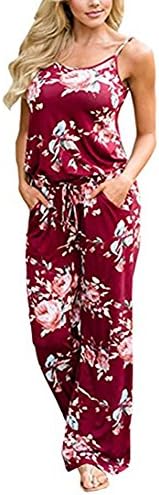 Xuan2Xuan3 Women Sexy Sleeveless Spaghetti Strap Waist Tie Floral Print Wide Leg Long Pant Casual Loose Jumpsuit Romper (Small, Wine Red)