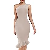 UONBOX Women's One Shoulder Sleeveless Bodycon Dress Midi Mermaid Party Bandage Dress