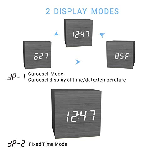 MiCar Digital Alarm Clock, Wood LED Light Mini Modern Cube Desk Alarm Clock Displays Time Date