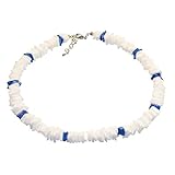 Hawaiian White and Blue Square Cut Puka Shell Necklace with Lobster Lock