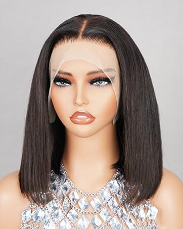 MEGALOOK 13x4 HD Lace Front Wigs Real Pre Bleached Tiny Knots Bob Wig Human Hair For Black Woman 200% Density Upgraded Bob Wigs Natural Black Color 12 Inch — image 1