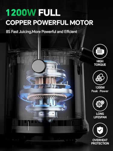 Juicer Machines, Centrifugal Juicers Extractor Max Power 1200W with 75mm Feed Chute for Whole Fruit and Vegetable, 2 Speeds Comtrol, High Juice Yield, 650ml Large Juice Jug, Cleaning Brush Included