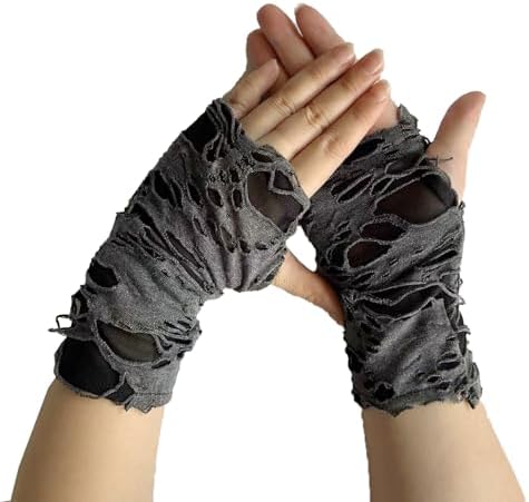 HeiBai Xiong Punk Ripped Arm Warmers For Women Goth Fingerless Arm