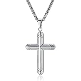 Udefwl Cross Necklace for Men,Men's Black/Silver Titanium Steel Cross Pendant Necklace with Textured Design,Stainless Steel Chain for Men,Religious Jewelry 60 cm/23.6 inches