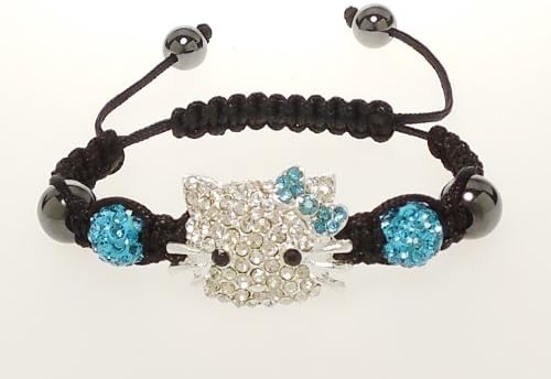 Bracelet - Crystal Encrusted Kitty Face with Caribbean Blue Shamballa Beads - Kiki's Pretty Kitty in Blue