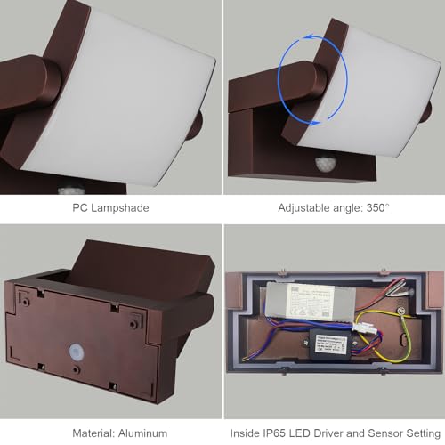 Klighten Outdoor Lamps with Motion Sensor, 24W LED Outdoor / Indoor Wall Light IP65, Aluminium Wall Light for Entrance Terrace, Bronze, 1500 Lumens, Warm White 3000K